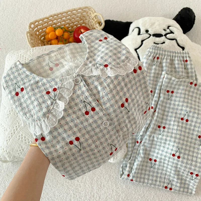 Spring Cloud-Print Cotton-Trimmed Collar Checked Sets