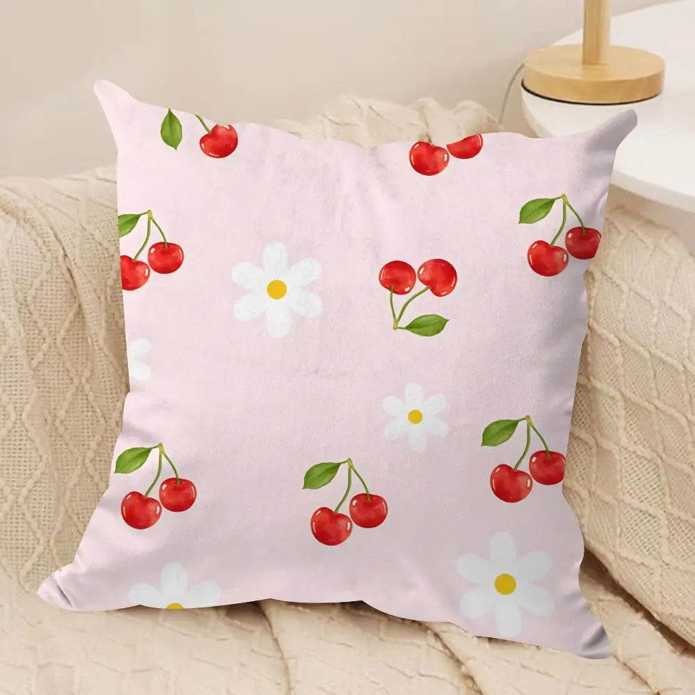 Pink Bow Cherry Cushion Cover Soft Plush Fabric Double-Sided