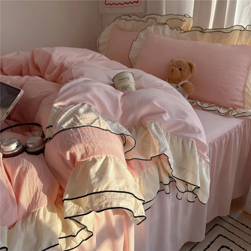Princess Style Ruffles Bedding Set Skin-friendly Soft Duvet Cover Set Bed Sheet Or Bed Skirt Pillowcases 3/4Pcs