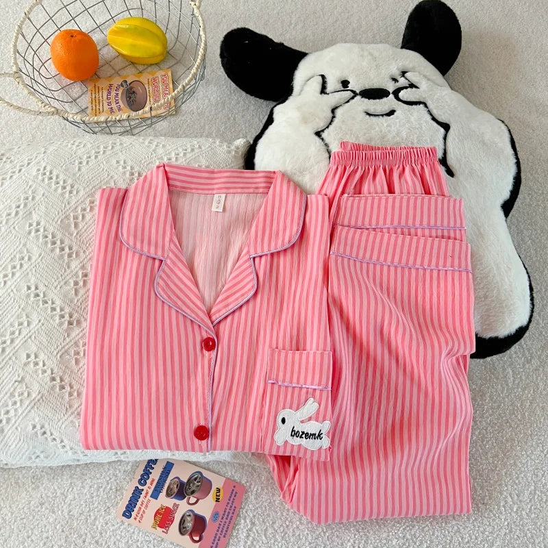Embroidery Letter Striped Rabbit Print Long Sleepwear Two-piece Women's Pajamas