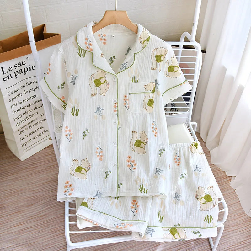Japanese Short-sleeved Shorts Two-piece Ladies Cotton Crepe Cute Fresh Loose Set