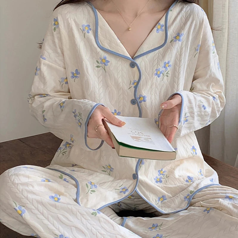 Long Sleeve Cardigan Style Jacquard Blueberry Strawberry Orange Breathable Stretch Women's Pajamas
