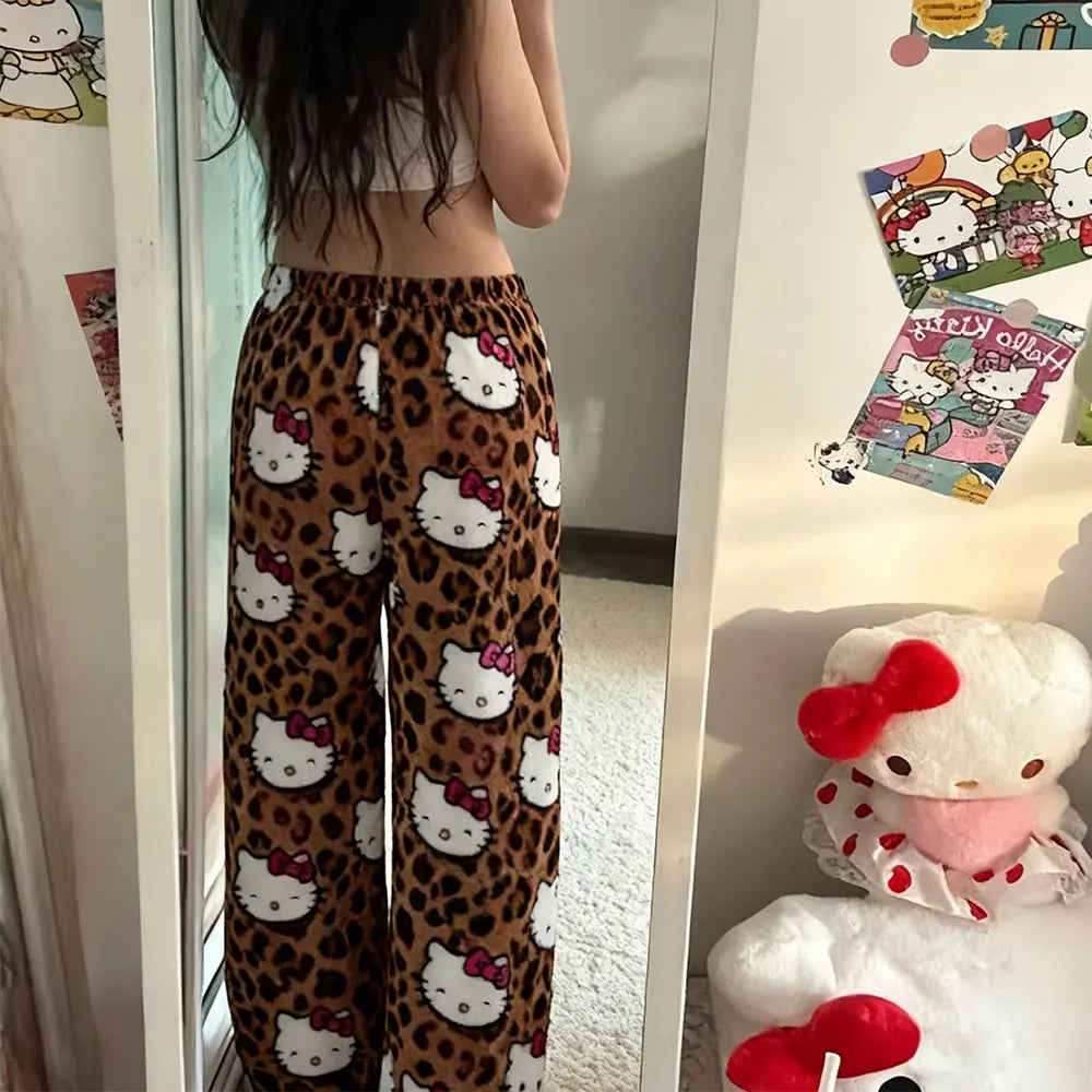 Y2K Leopard Print Pajamas Pants Anime Hello Kitty Sleepwear Trousers