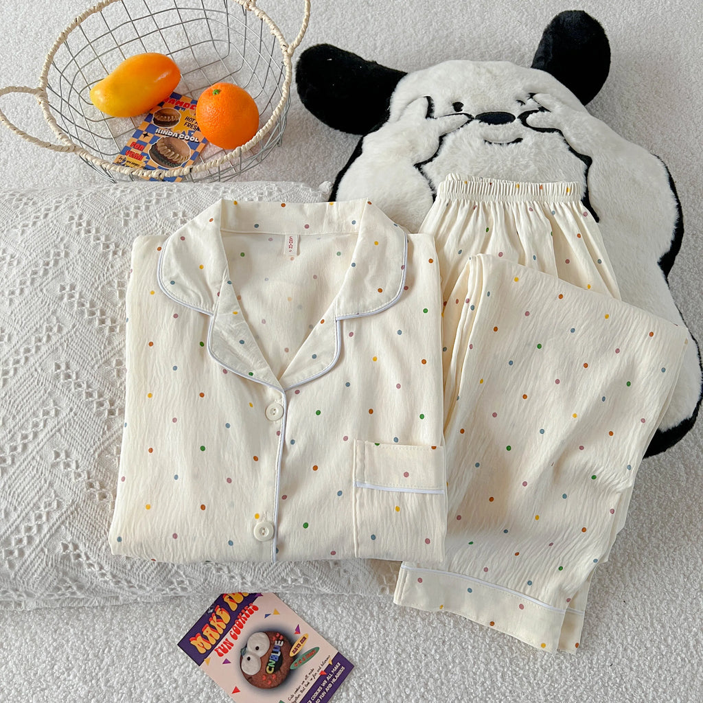 Polka Dot Print Women Pajamas Long 2 Piece Set