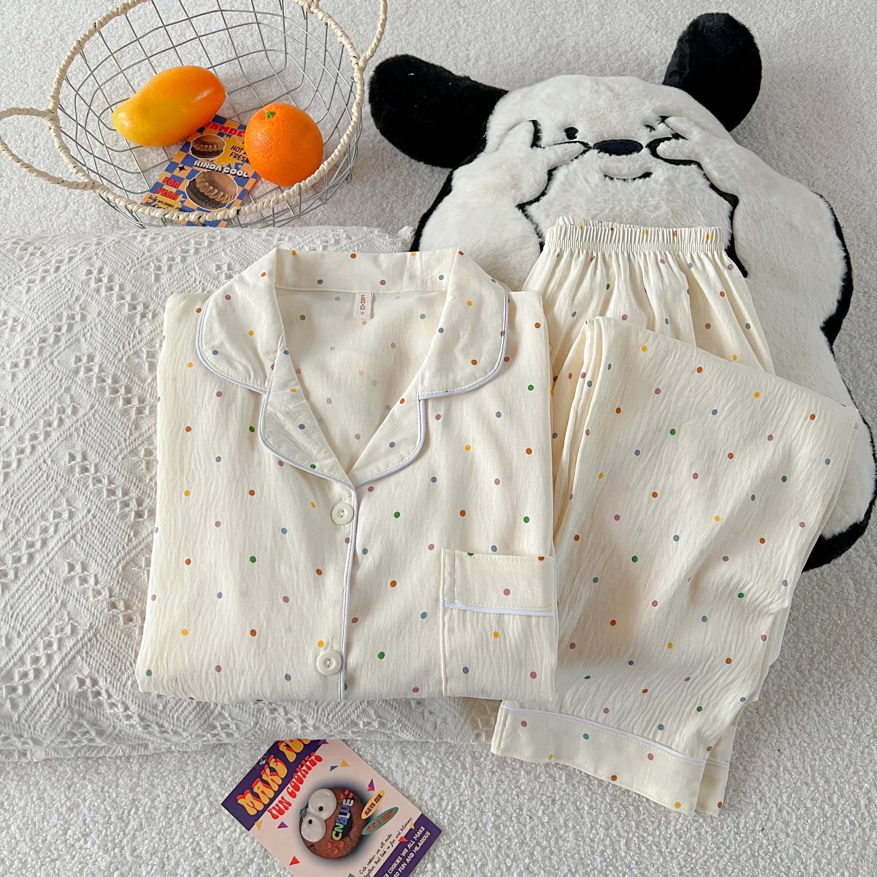 Polka Dot Print Women Pajamas Long 2 Piece Set