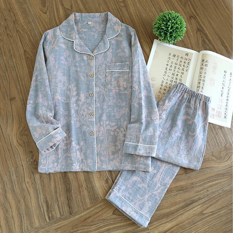 Spring 100% Cotton Gauze Retro Color Knitted Long Sleeve Two Piece Pajama Set