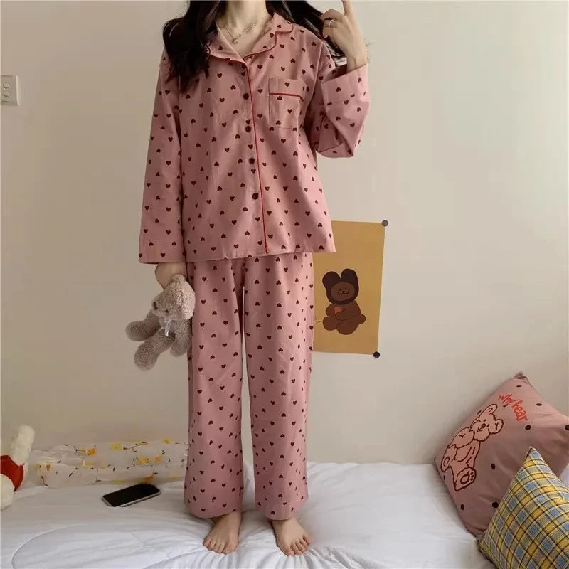 Peach Heart Long Sleeves Silk Pajamas