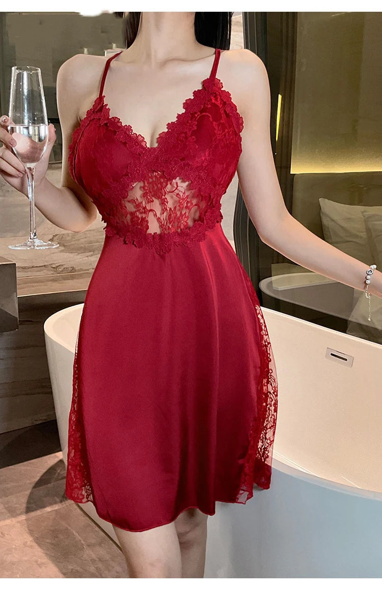 Sexy Camisole Nightgown Satin Deep V Backless Luxury Sleepwear