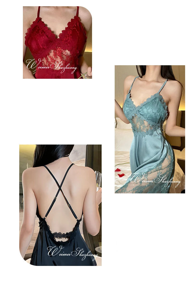 Sexy Camisole Nightgown Satin Deep V Backless Luxury Sleepwear
