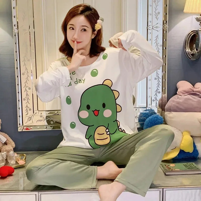 Cotton High Quality Large Size Ladies Pullover Long-Sleeved Cartoon Home wear 2PCS/Set