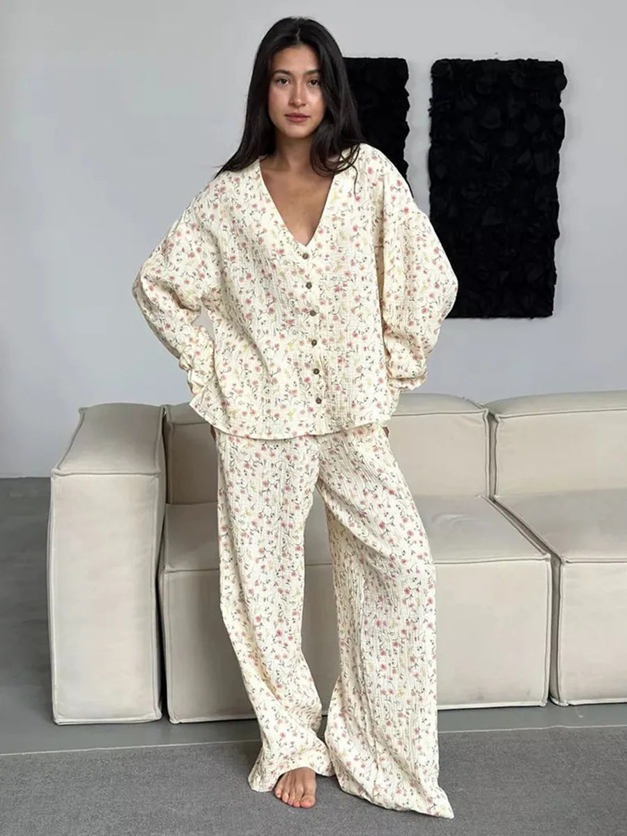 Floral 100% Cotton Printed Loose Cardigan Long Sleeved Pants Pajamas Two-piece Set