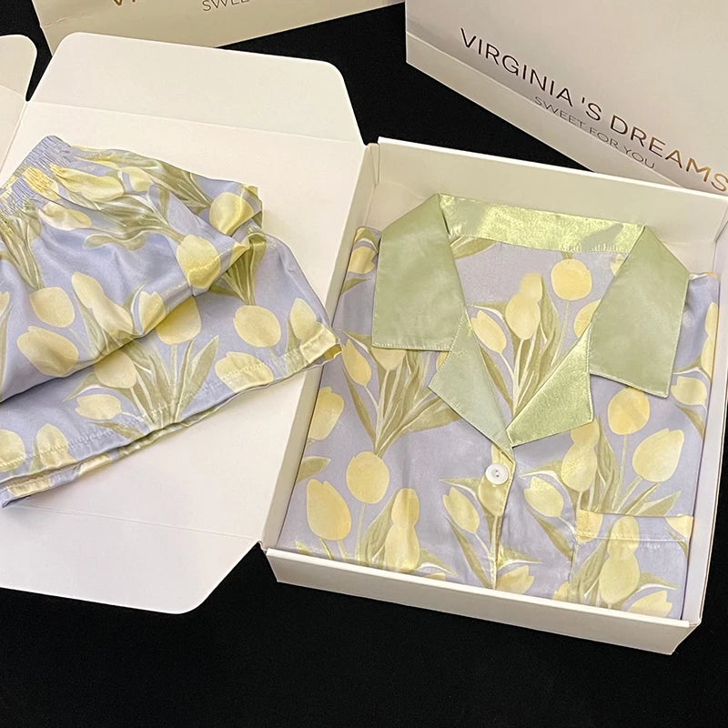 Sweet Peony Floral Prints Silk Female Casual Sleepwear
