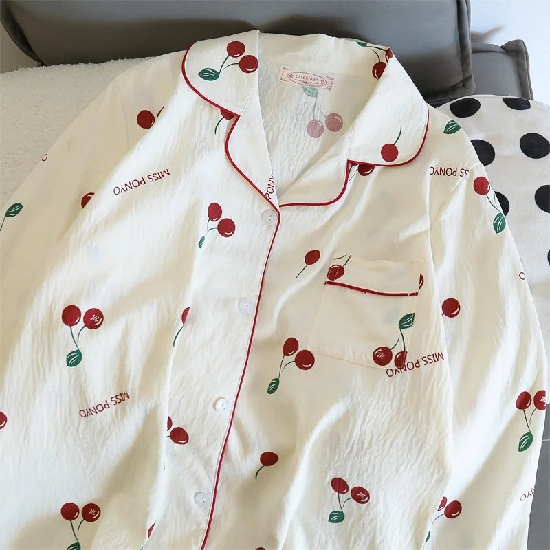 Cherries Print Two Pieces Cotton Pants and Top Set