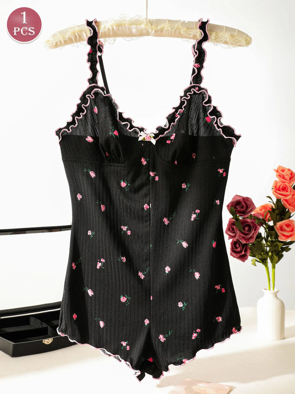 Cute Black Embroidered Rose One-piece Sleeveless Pajama Jumpsuit