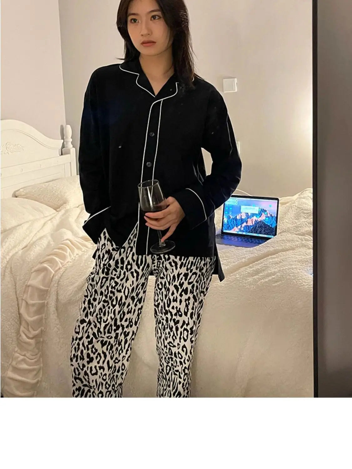 Ladies Black Leopard Cardigan Set
