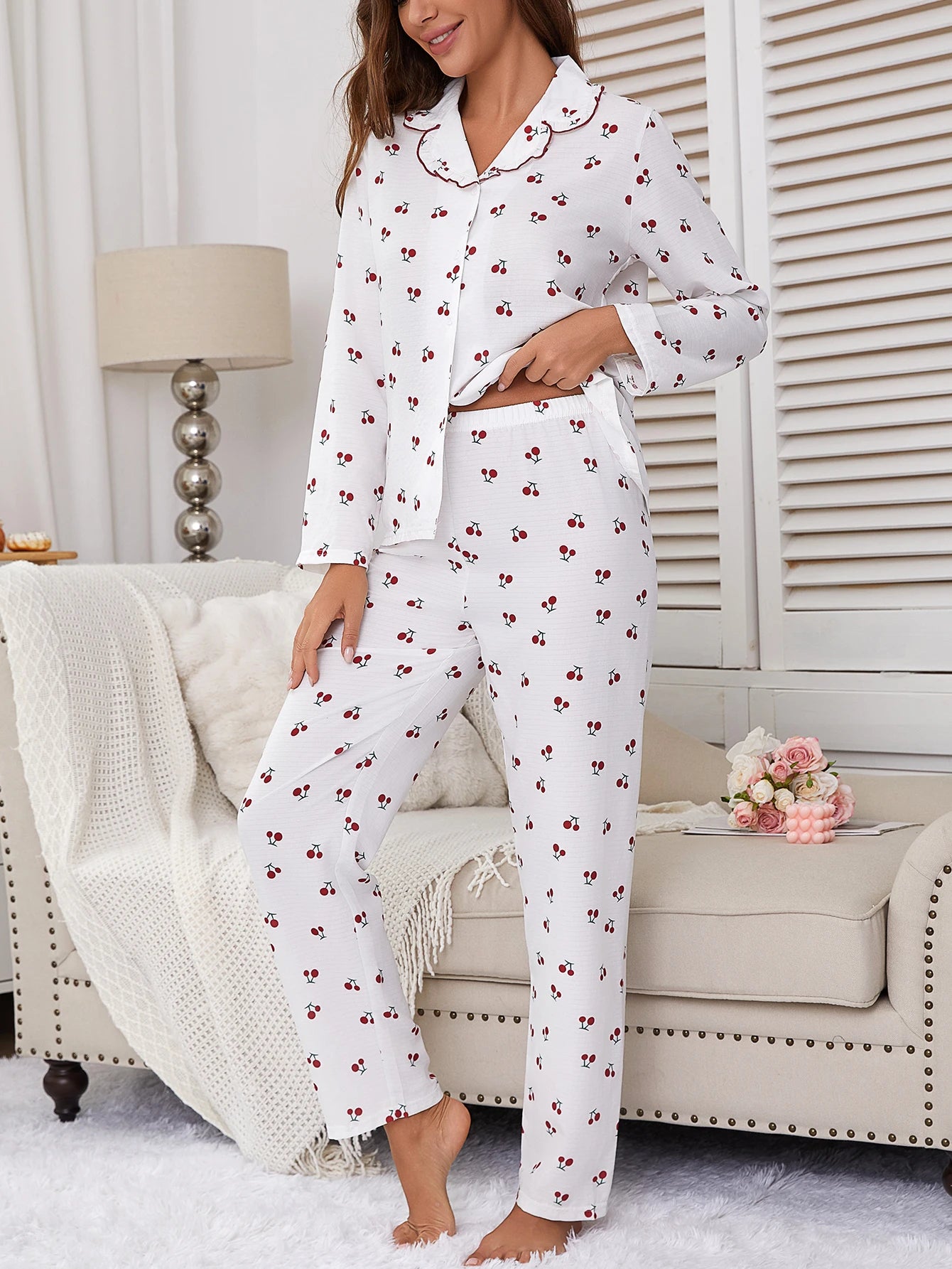 Sweet Cherry Print and Ruffled Details Long Sleeve & Pants Two-Piece