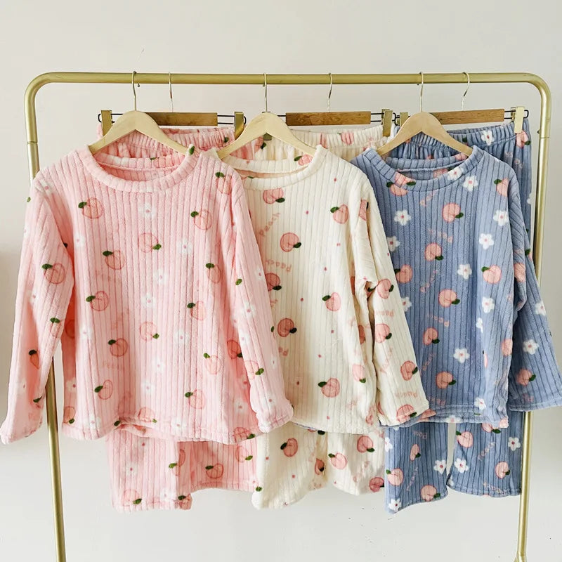 Fleece Print Warm Set Cozy Sleepwear Cute Cartoon Home Outfit Comfortable Loungewear Soft Pajamas