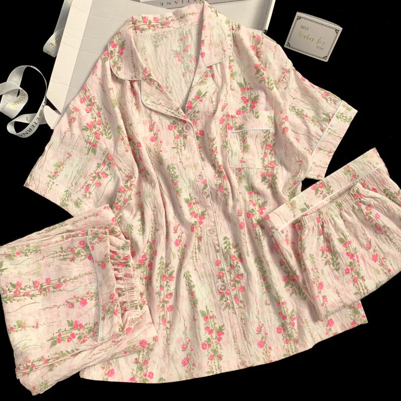Spring and Summer Sweet and Cute Three-Piece Cloud Cotton Pajamas