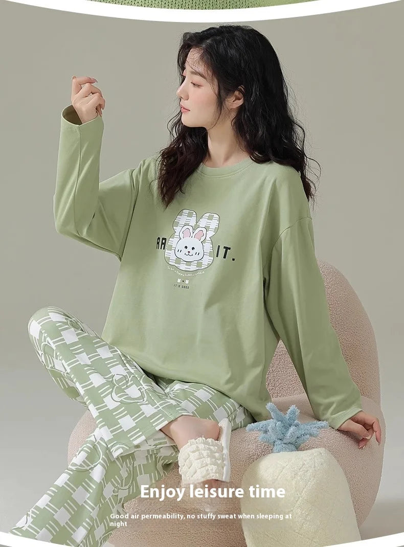 Cotton High Quality Large Size Ladies Pullover Long-Sleeved Cartoon Home wear 2PCS/Set