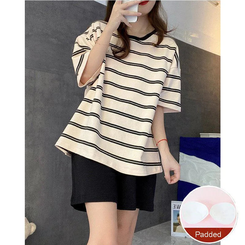 Oversized Women Striped Short Sleeve Shorts Two-piece with Self Chest Pads
