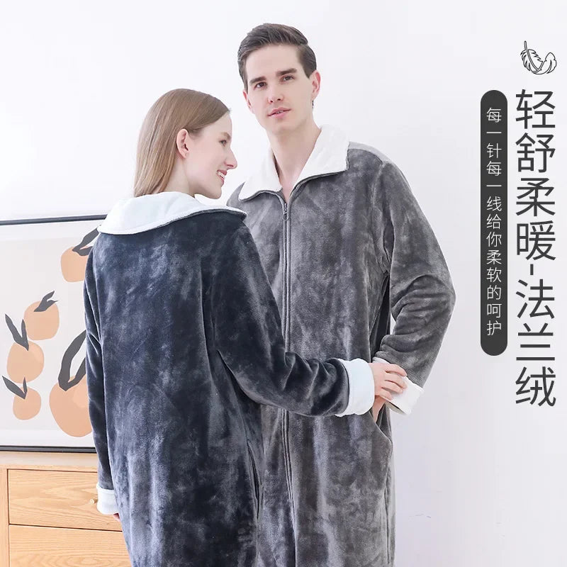 Ultra Long Thick Warm Bathrobe Thermal Flannel with Zipper