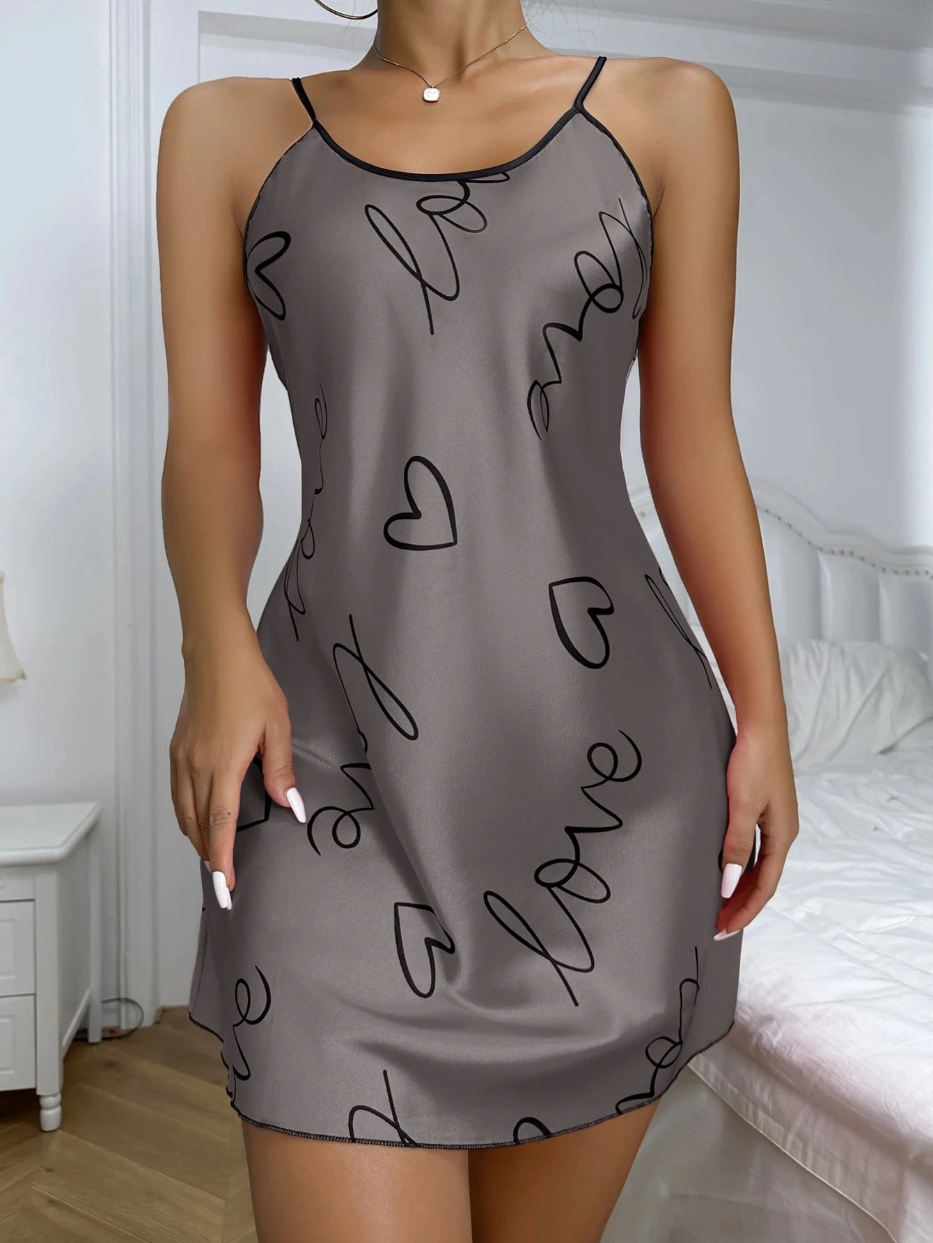 Heart Print Nightdress Scoop Neck Criss Cross Back Sleep Dress Women's Sleepwear