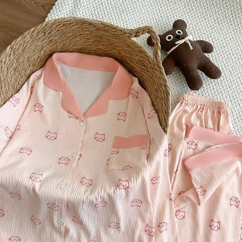 Disney Mickey and Pink Pig Cartoon Cute Pajamas Set Long Sleeve Sleepwear