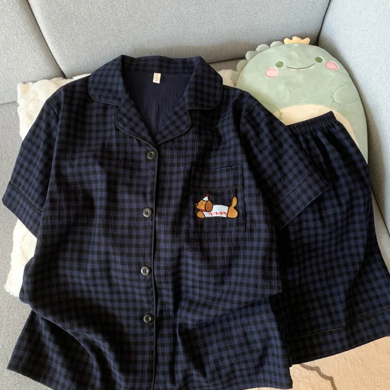 Embroidery Lapel Neck Elastic Waist Short Design Pajamas Set