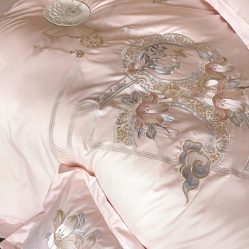 Flowers Bird Embroidery Luxury Bedding Set 1000TC Egyptian Cotton Duvet Cover Bed Sheet Pillowcases 4/5Pcs