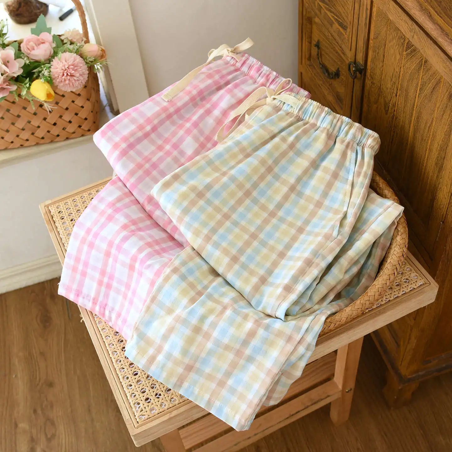 Women's Sleeper Pants 100% Gauze Pants Checkered Casual Loose Home Pants