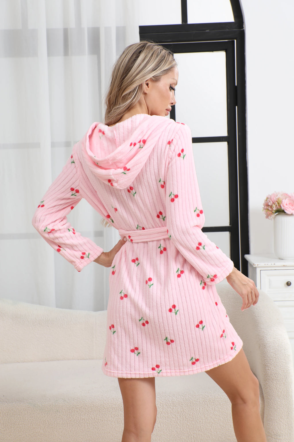 Pink Cherry Design Cardigan Bathrobes with a Simple Belt