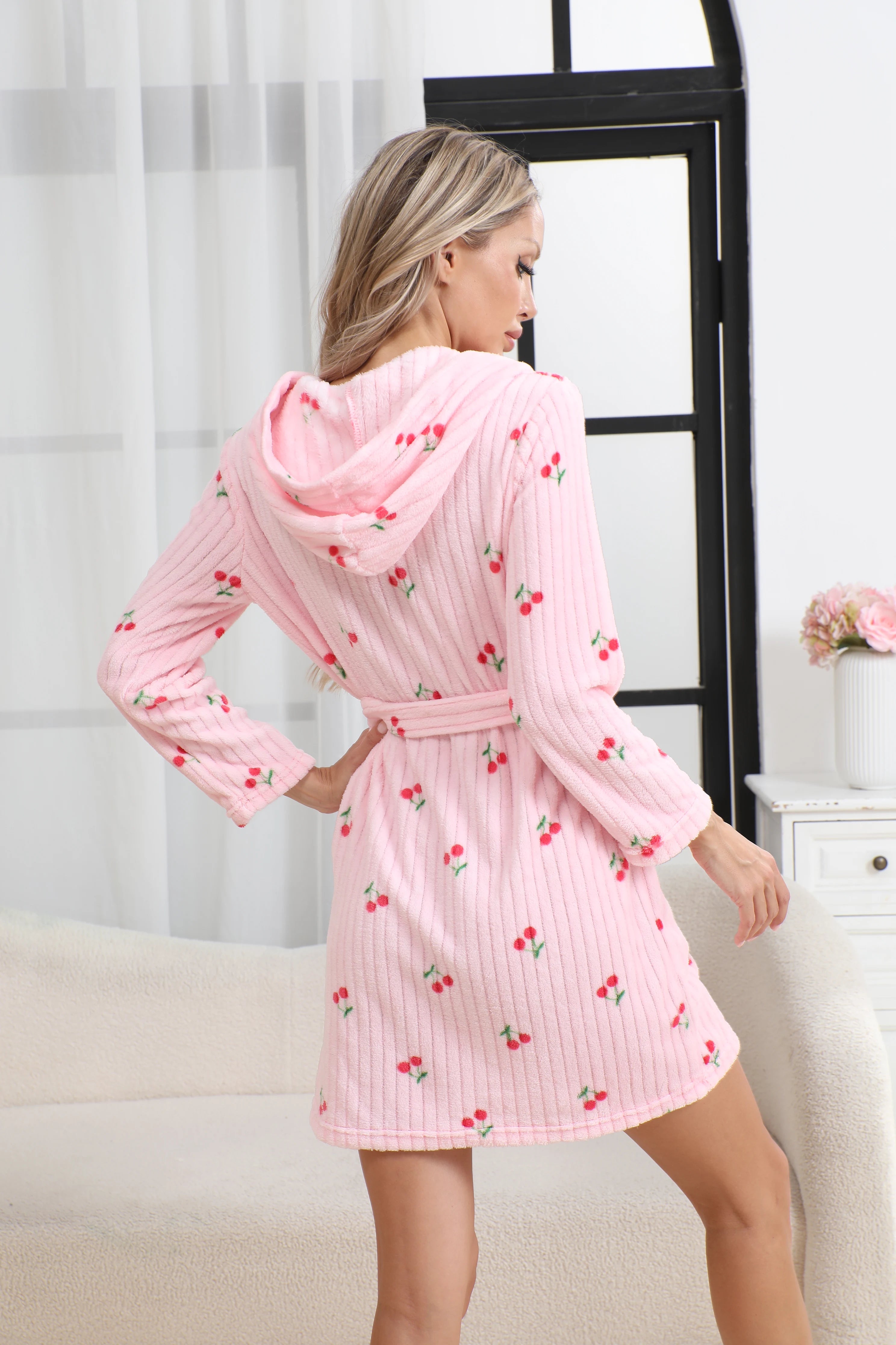 Pink Cherry Design Cardigan Bathrobes with a Simple Belt