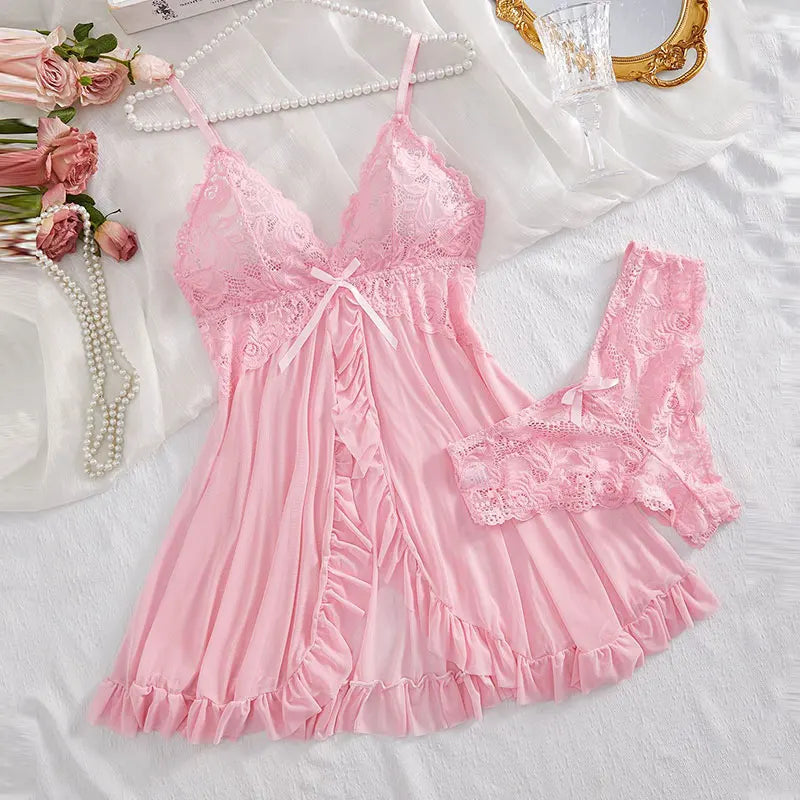 Sexy Contrast Lace and Mesh Ruffle Babydoll V-neck Open Bra Sleep Skirt Nighties