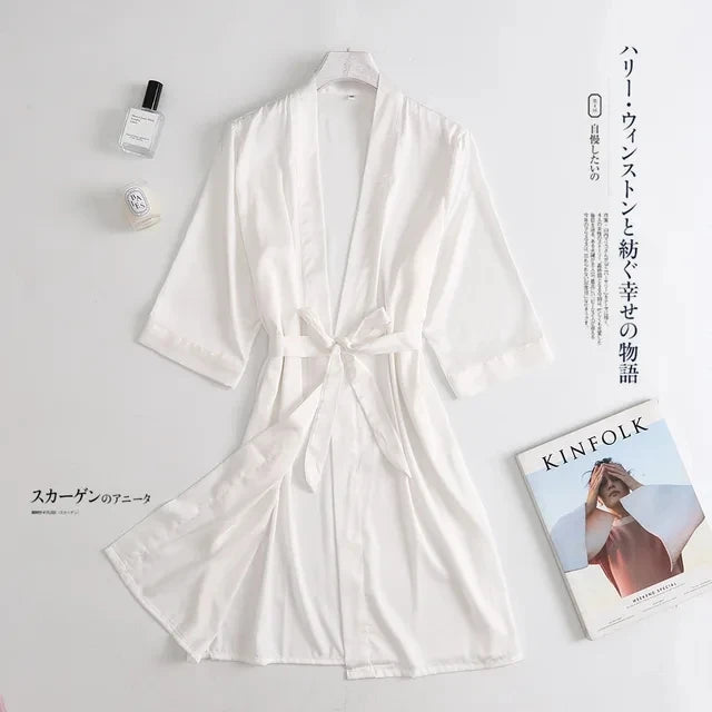 Ladies Bride- style Morning 3/4 Sleeve Loose Female Silk Satin Kimono Lingerie Gown