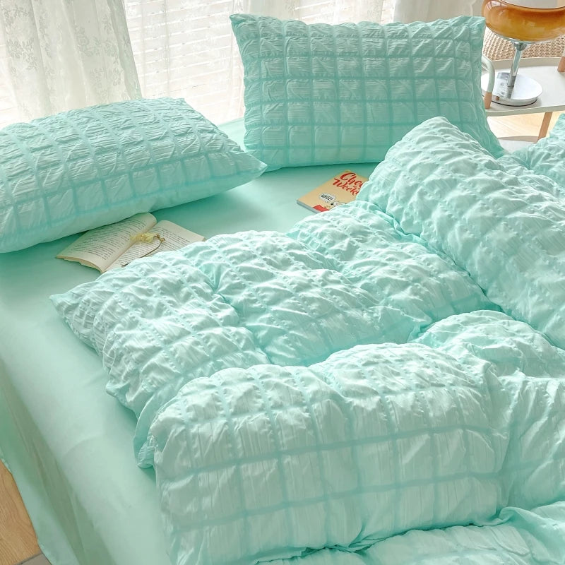 Puffy Check Bubble Fabric Set Duvet Pillowcase Bedding Sheet Quilt Cover Set