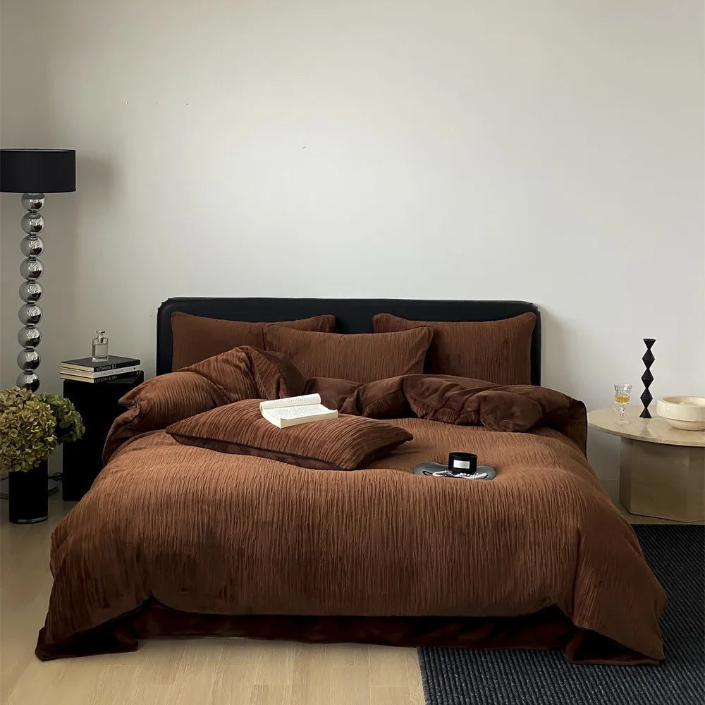 Thickened Warm Light Luxury Simple Carved Fleece Four-Piece Set Milk Fleece Bed Sheet Quilt Cover