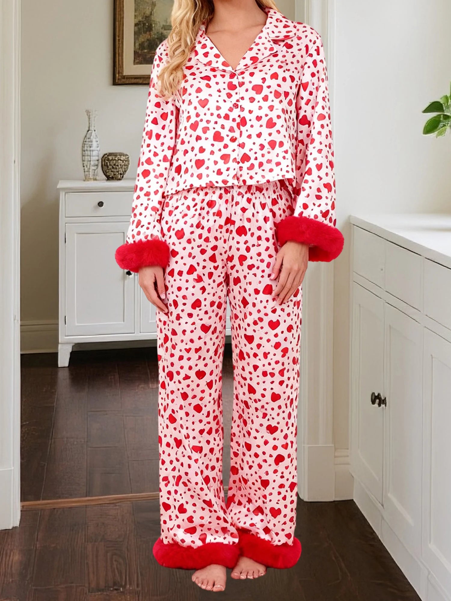 Heart Print Long Sleeve Button Up Top and Pants Lounge Wear Two-piece Set
