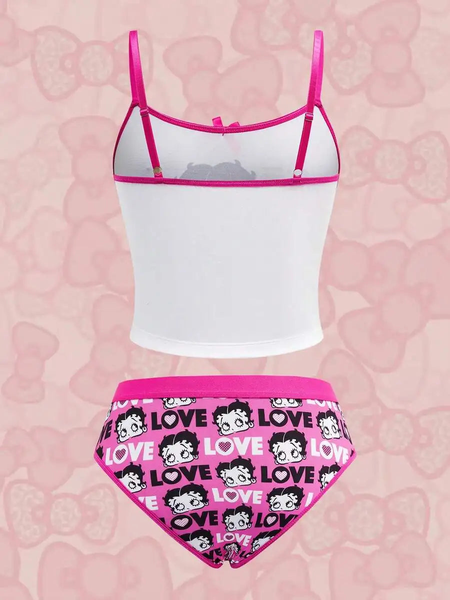 The Cartoon Betty Boo Print Crop Cami Top and Boy-shorts Set