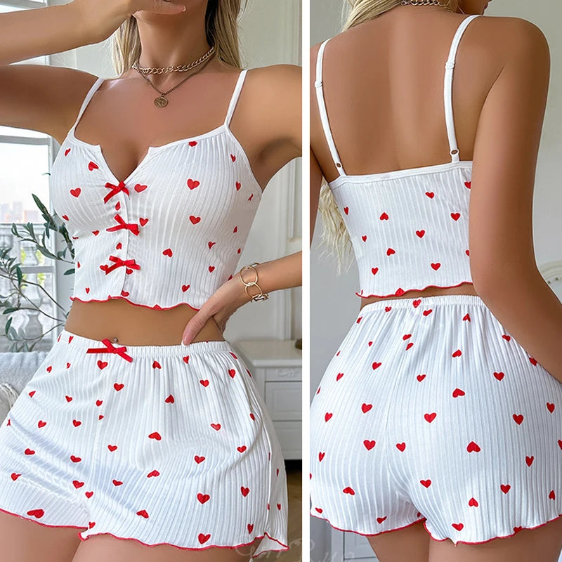 Heart Print Soft Ribbed Fabric with Flirty Frill Trim Casual Cami Top and Shorts Sets Loungewear