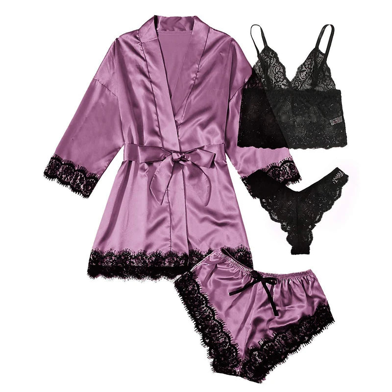 Sexy Four Piece Lace Satin With Silk Sleepwear Robe Fashion And Comfortable Nightwear