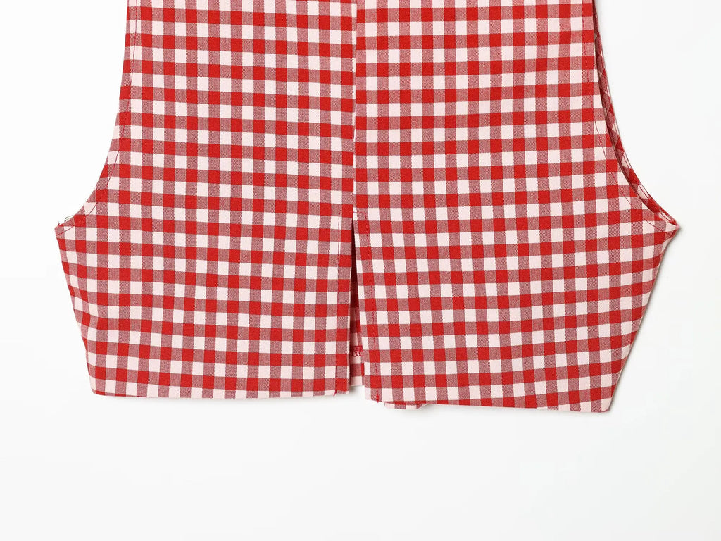 Vintage Red White Plaid 2-Piece Set Collar Zipper Sleeveless Vest+Side Slim Pant