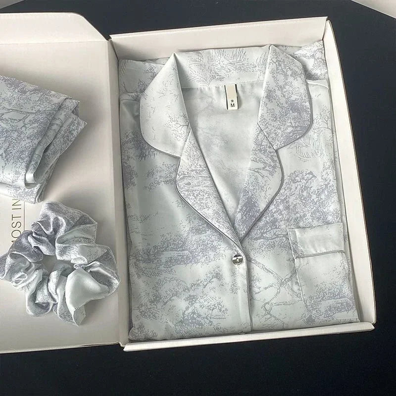 Ice Silk Women Pajama Lapel Button Cardigan Style
