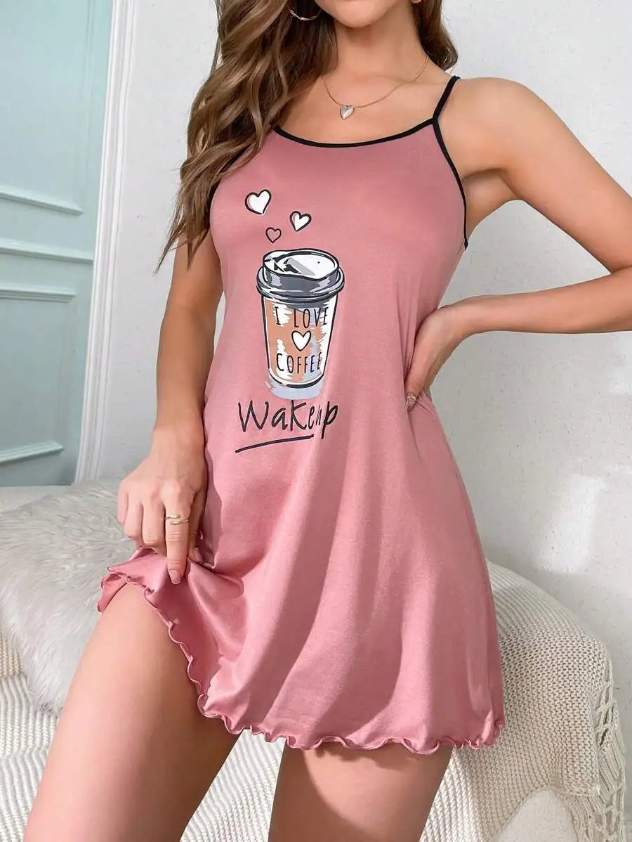 Lettuce Trim Coffee Letter Print Spaghetti Strap Mini Nightgown