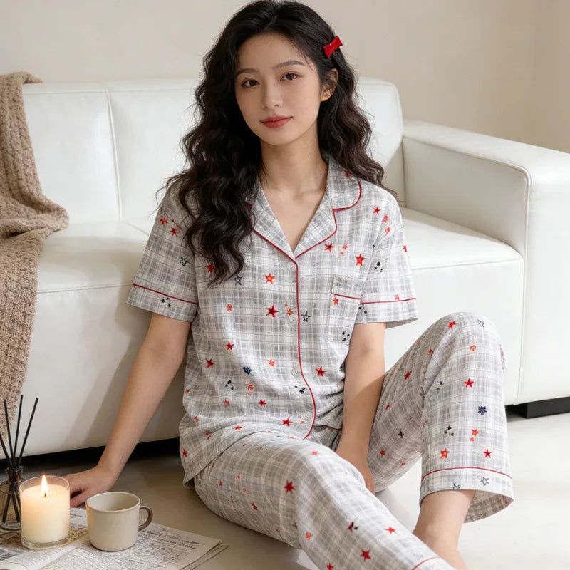 Printed Star Cardigan with Sophisticated Short-Sleeve Top and Long Pants Homewear