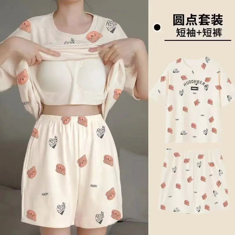 Pajama 2Pcs/Sets Short Tops and Shorts with Chest Pad