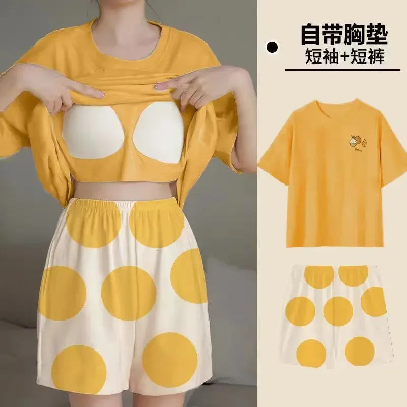Pajama 2Pcs/Sets Short Tops and Shorts with Chest Pad