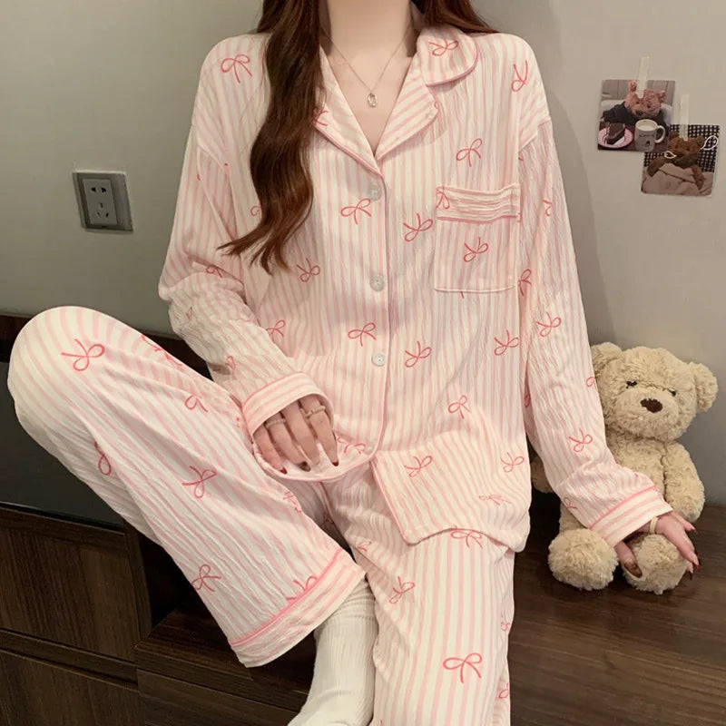 Women's Pajamas Loungewear Girl Love Cardigan Pajamas Crinkled Fabric Loungewear Long Sleeve Set