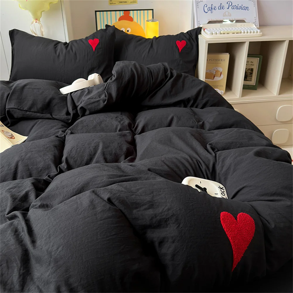 Heart Pattern Solid Color Bedding Set Soft Bed Flat Sheet Duvet Cover Set Pillowcases Simple Bed Linen