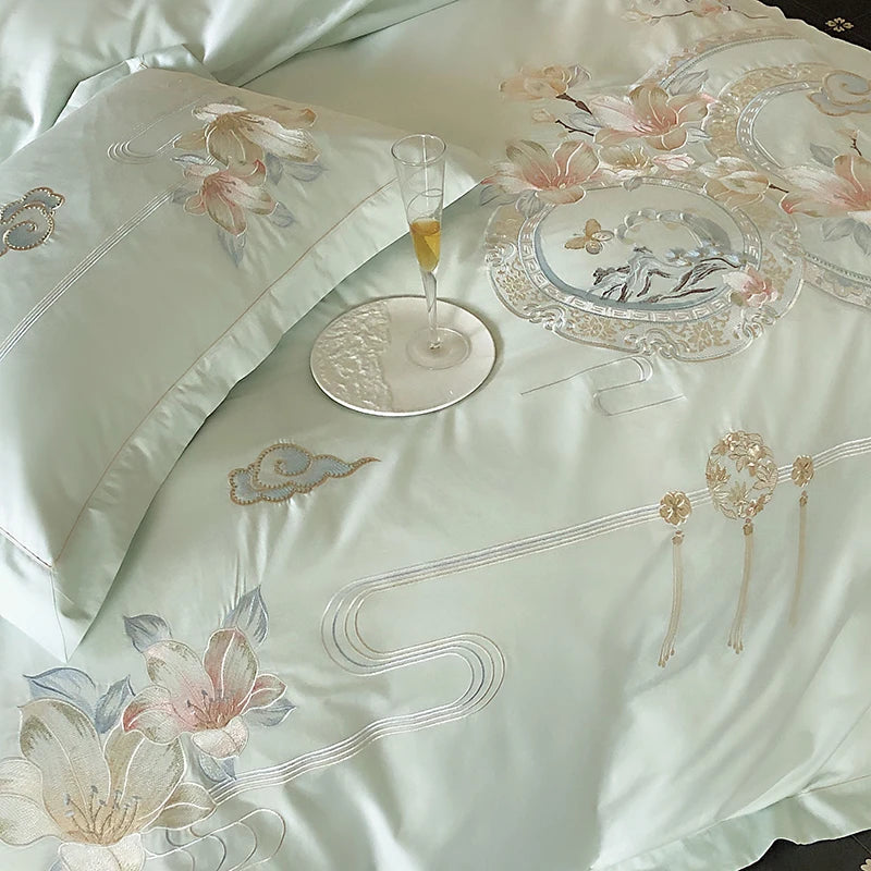 Flowers Bird Embroidery Luxury Bedding Set 1000TC Egyptian Cotton Duvet Cover Bed Sheet Pillowcases 4/5Pcs