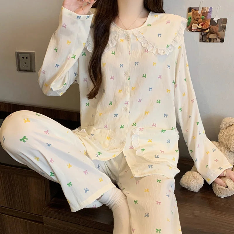 Spring Cloud-Print Cotton-Trimmed Collar Checked Sets